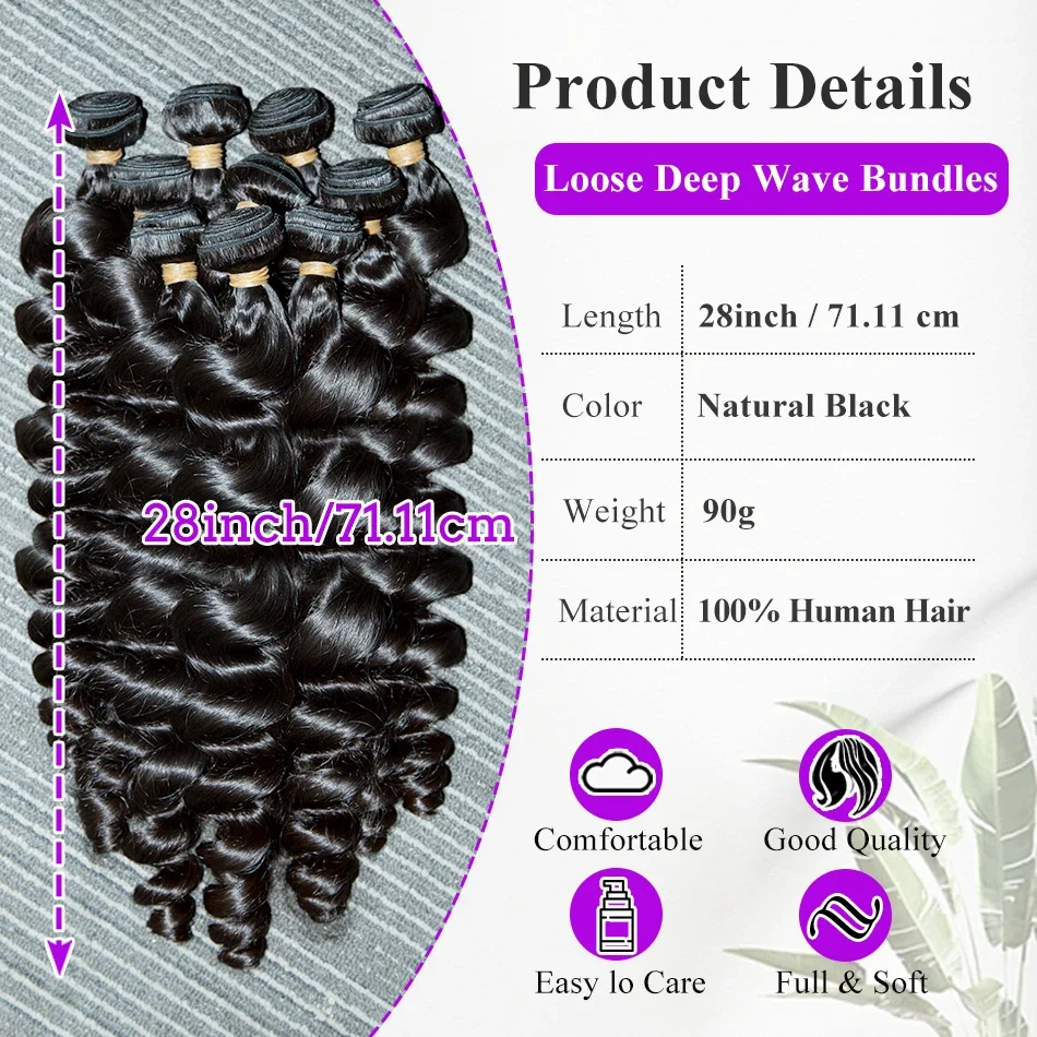 حزم شعر بشري مموج فضفاض 3 4 صفقات 12A درجة 100% وصلة شعر خام غير معالجة 40 بوصة برازيلية للنساء #4