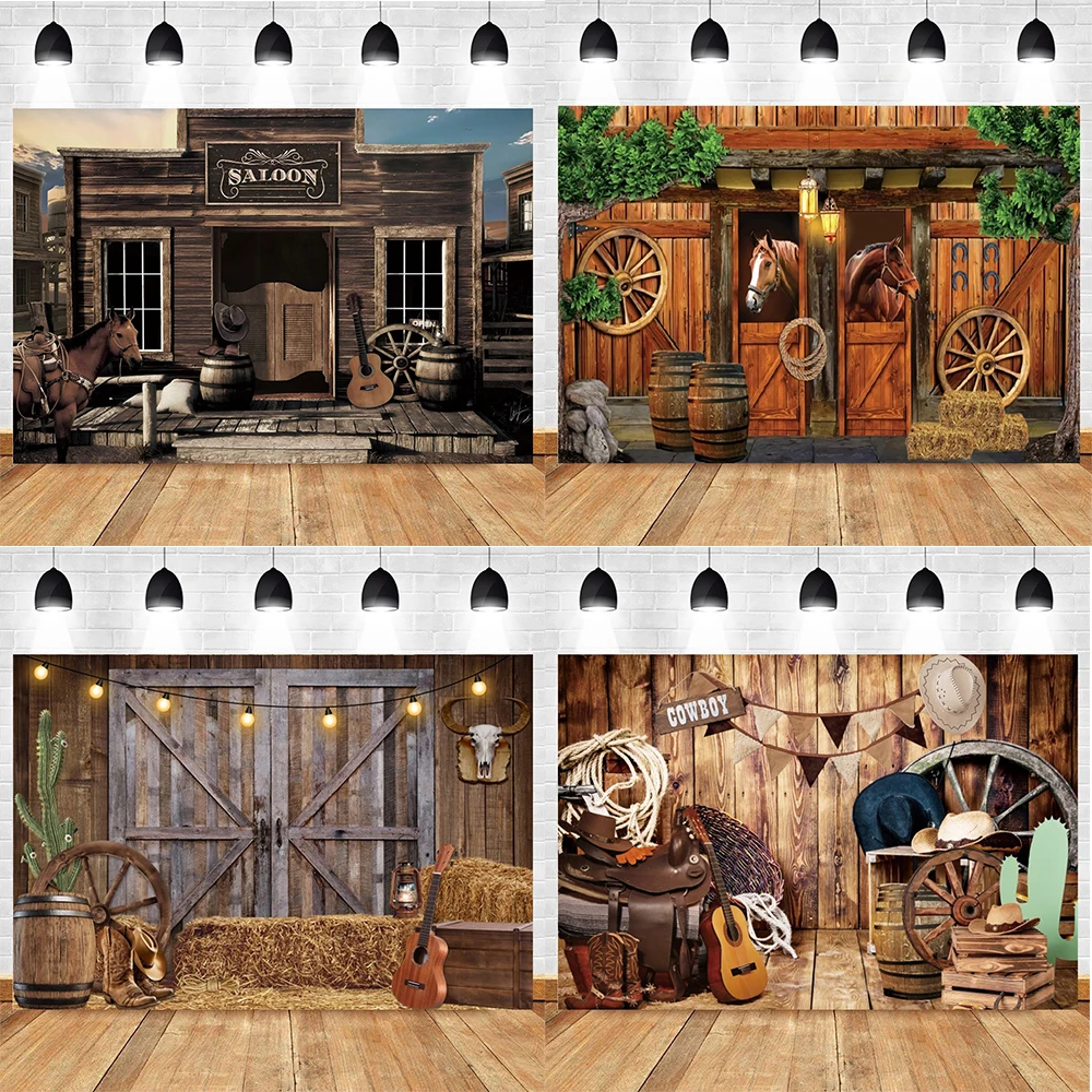 Western Cowboy Background Fabric Themed Party Decoration Retro Farm Straw Stable Wooden Countryside Style Photography Backdrop