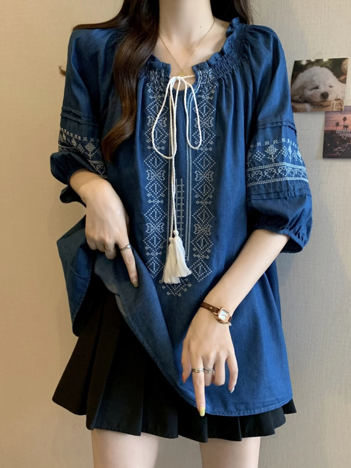 

Женская рубашка Ele Blue с вышивкой, лето 2023, модный корейский свободный крой, повседневный круглый топ Ne Top