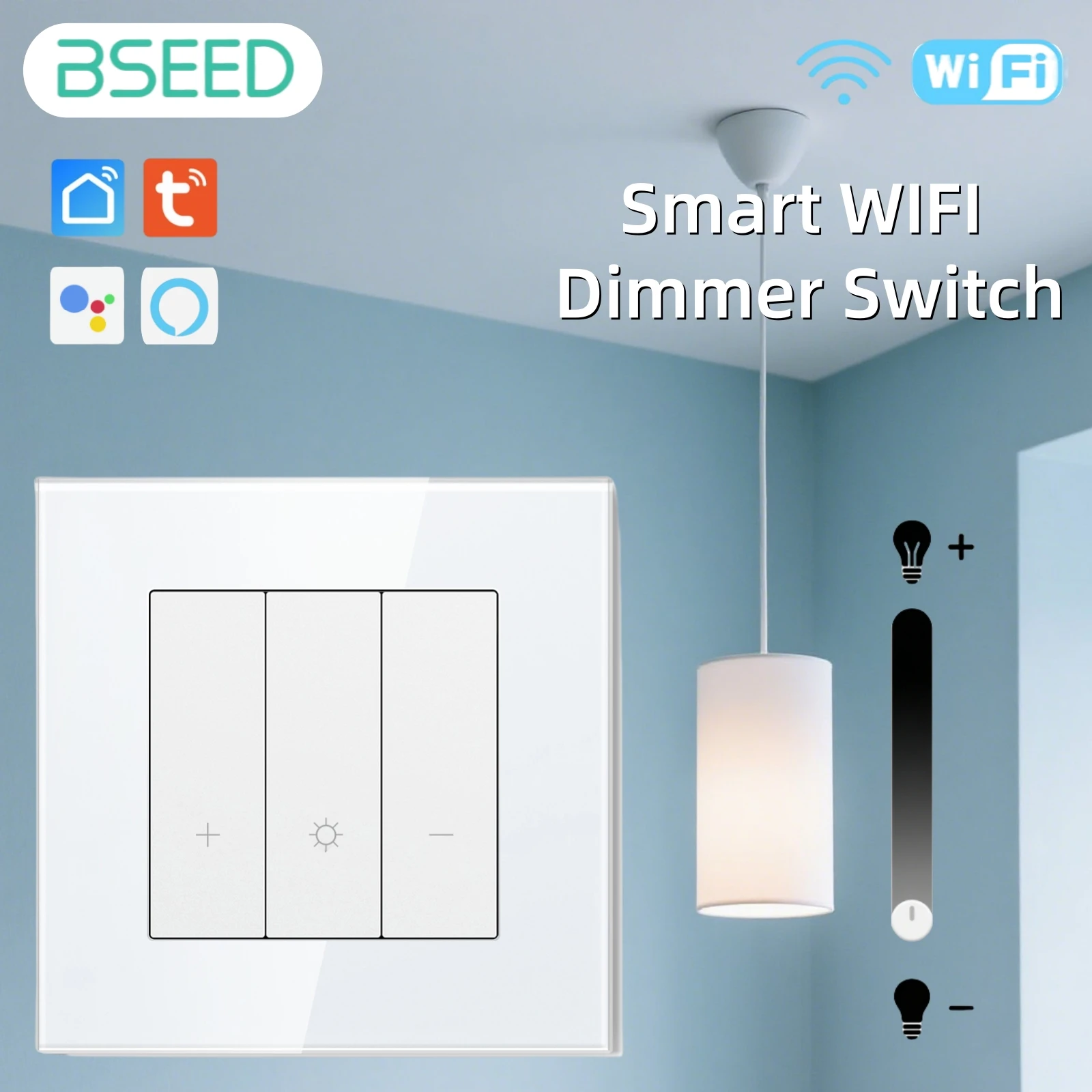 

BSEED Smart Dimmer Switch Series Настенные переключатели Wi-Fi Click Желтая подсветка Стеклянная рамка Tuya APP Switch EU Настенные розетки с USB