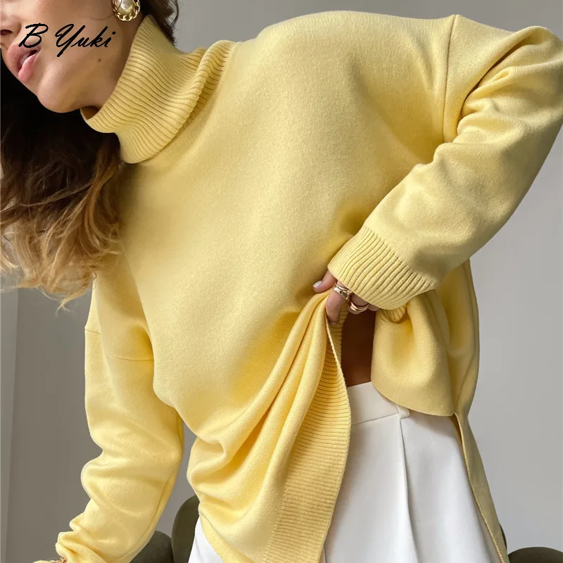 Blessyuki Oversized Cashmere Split Knitted Sweater Women  2023 Winter Basic Thicken Warm Turtleneck Pullover Female Soft Jumper