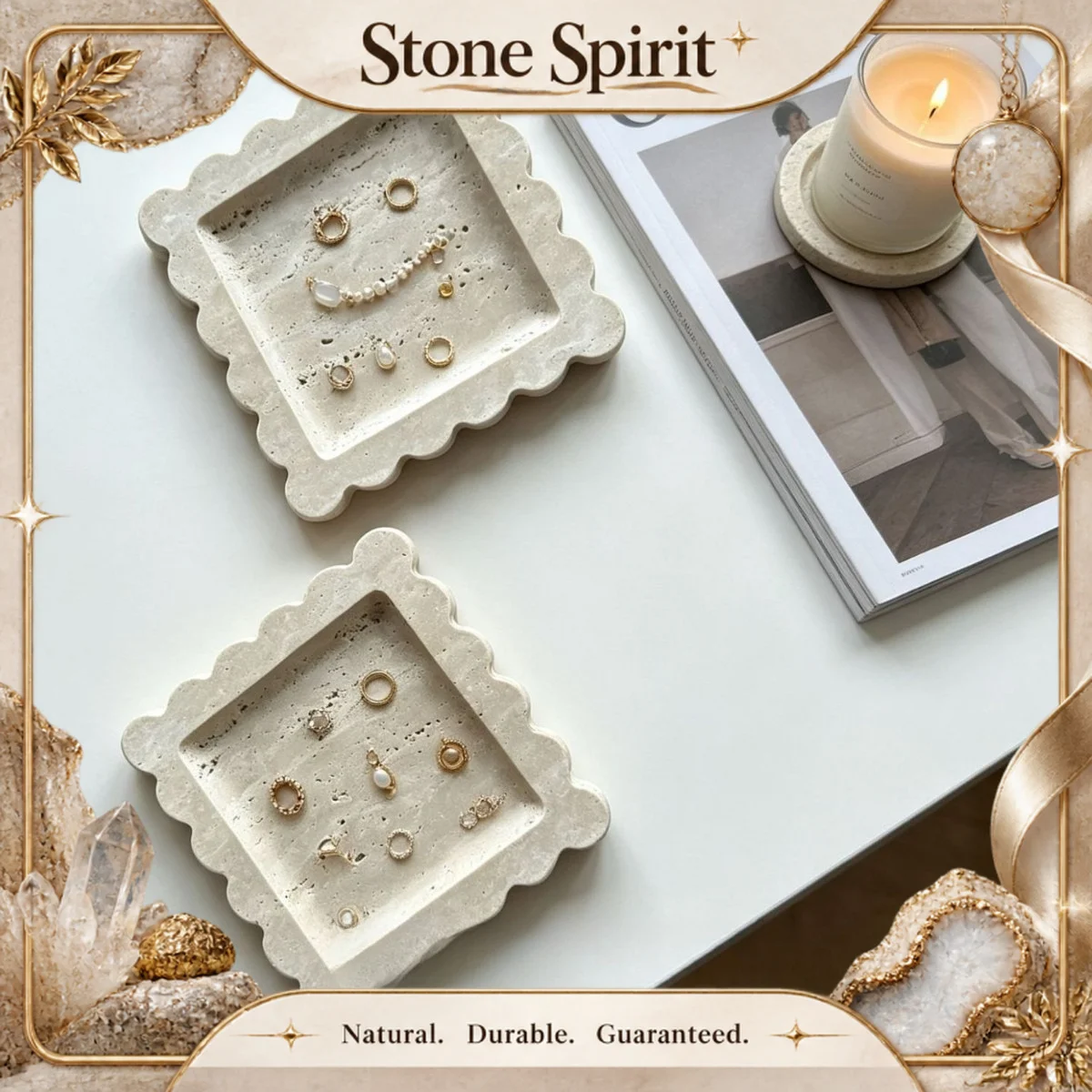 【Natural】Limestone Tray Natural Marble Storage Tray Flower-shaped Jewelry Display Home Decor Tray