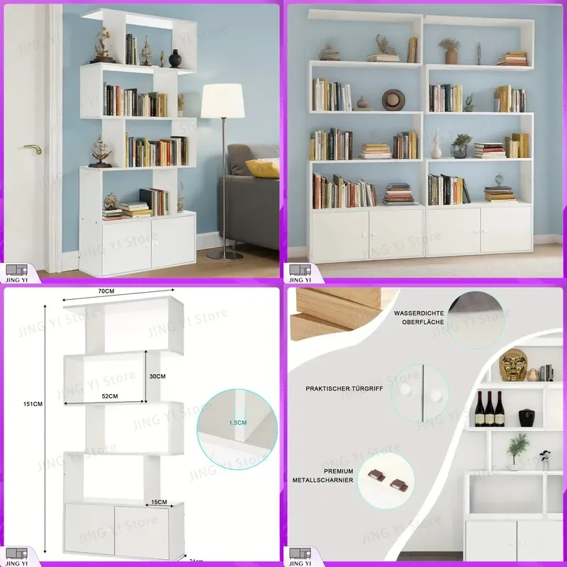 

5-Tier Geometric S-Shaped Bookshelf Modern Wooden Display Shelf for Bedroom Living Room Office Study Storage Organizer