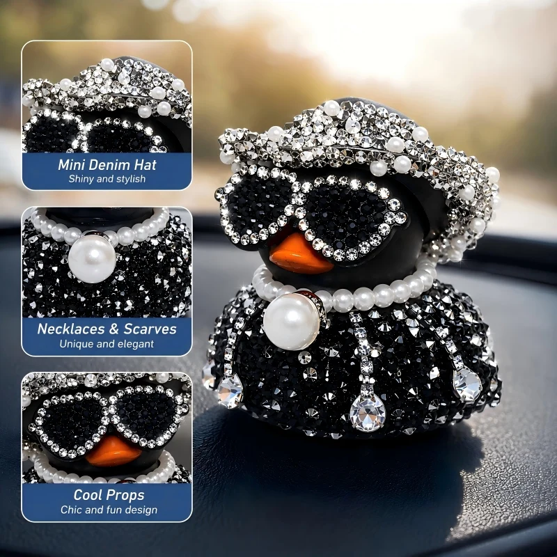 Rhinestone Crystal Duck Car Ornament With Glasses Hat Bling Bling Dashboard Decor Rhinestone Rubber Duck Interior Accessories