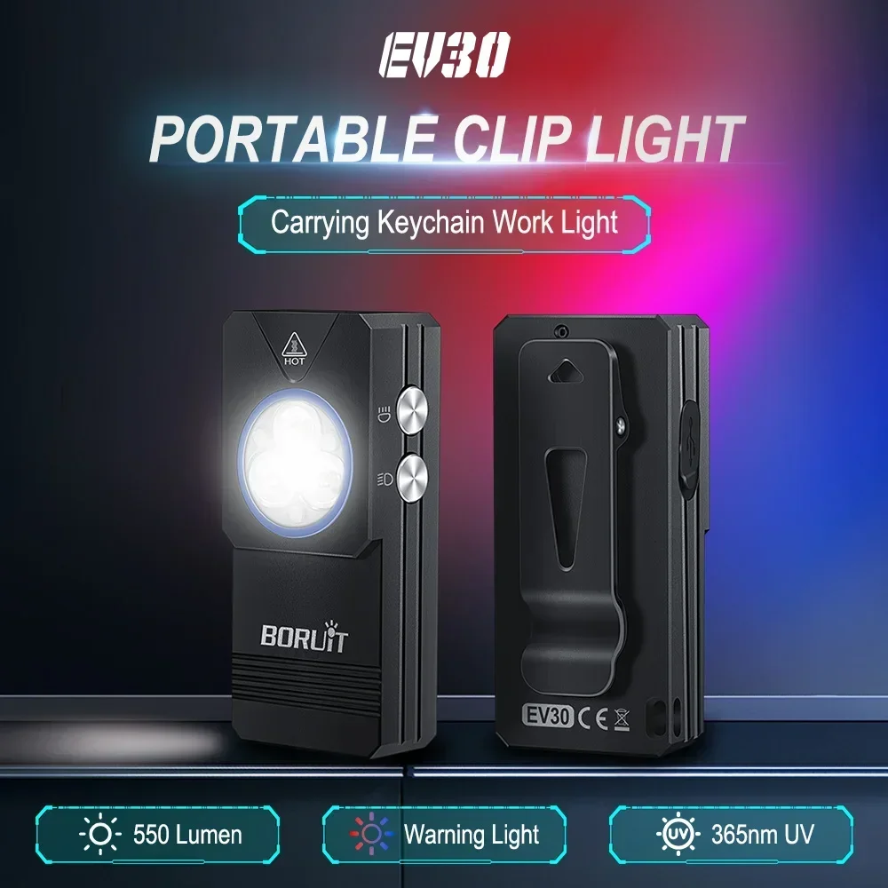 BORUiT EV30 LED Keychain Flashlight 550LM UV Light Rechargeable Work Light Torch with Magnet Waterproof Camping Pocket Lantern