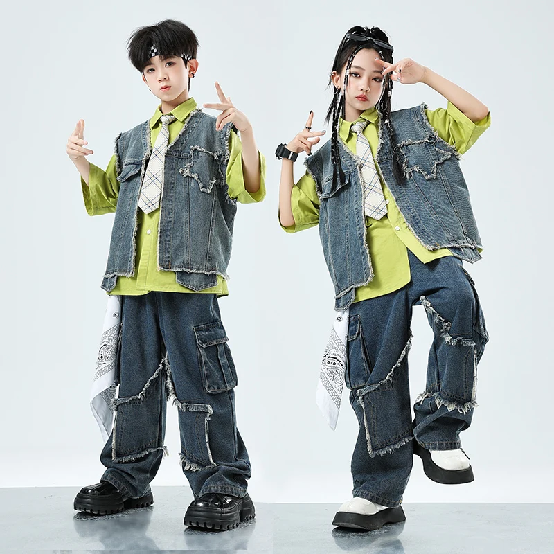 Chaleco de mezclilla de Hip Hop para niñas, camisa de bolsillo, pantalones vaqueros para niños, ropa de calle de Jazz, pantalones de mezclilla holgados, ropa para niños, trajes de muestra para niños
