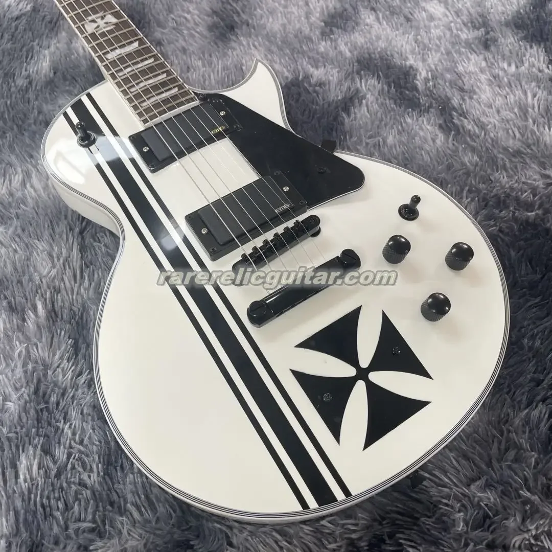 

In Stock Iron Cross Hetfield White Electric Guitar Active China EMG Pickups 9V Battery Box Black Hardware 3 Knobs Kill Switch