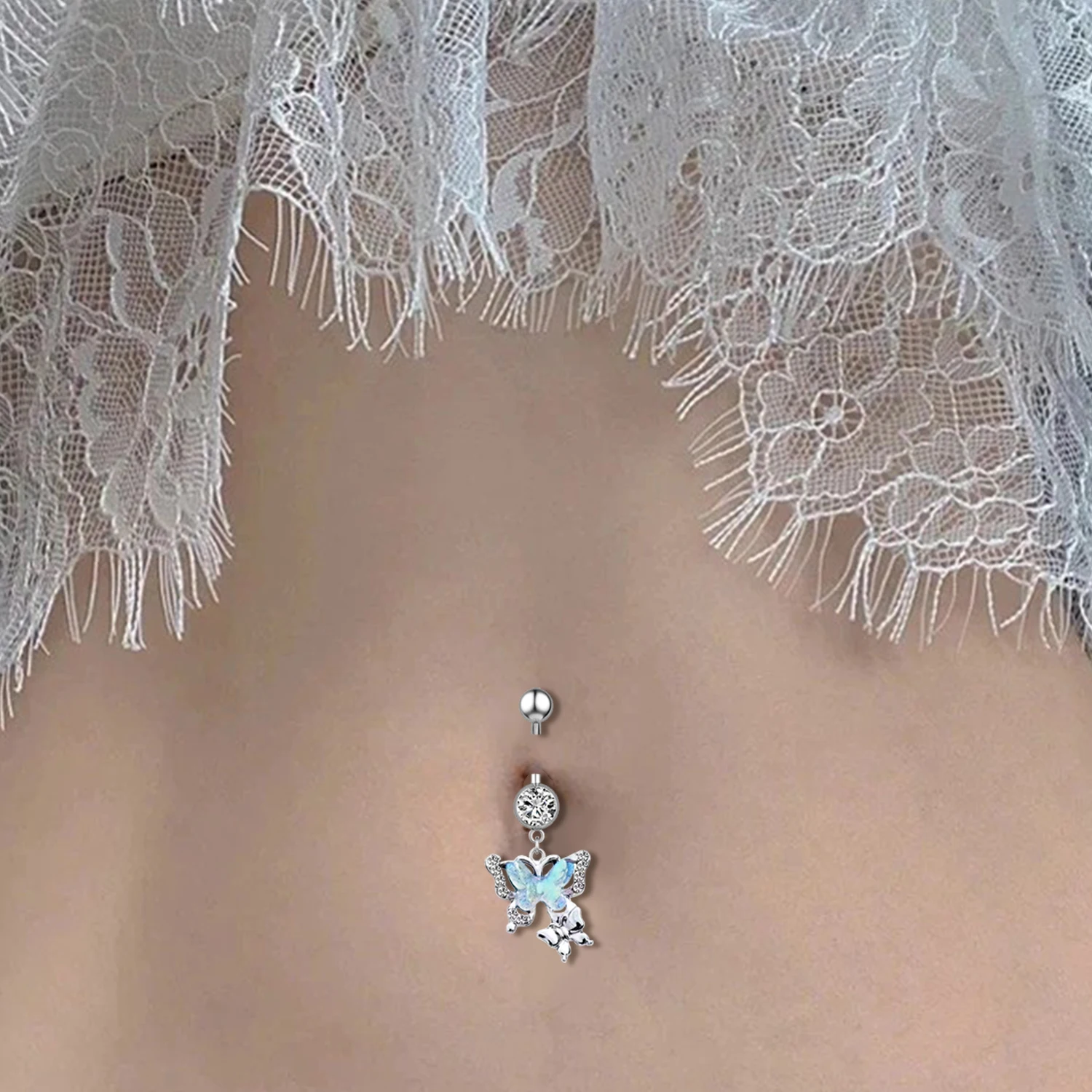 Butterfly Belly Button Rings Punk Stainless Steel Dangle Zircon Dangle For Women Belly Navel Rings Body Belly Piercing Jewelry