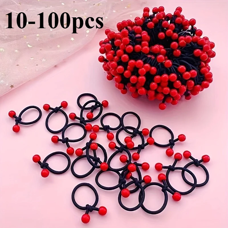 100pcs/10pcs Small Red Bean Thumb Hair Ties, High Elasticity Ponytail Loops, Christmas Supplies, Hair Accessories