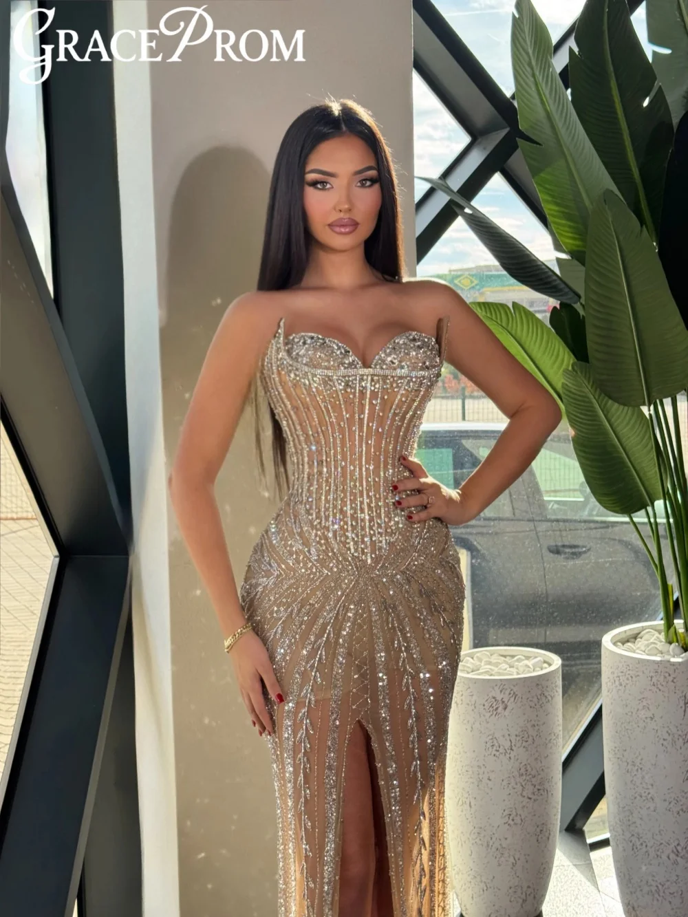 

New Arrival Beaded Evening Dress With Slit Graceful Sweetheart Neck Floor-length Formal Party Gown Customized Chic Prom Dresses