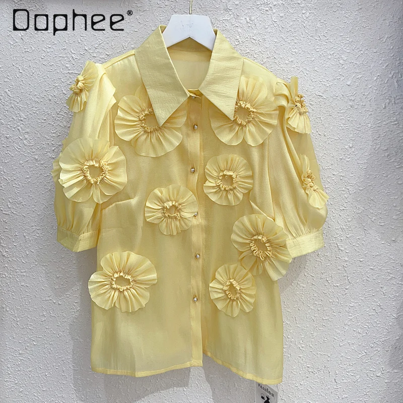 

Sweet 3d Flower Shirts Summer Women Elegant Short Puff Sleeve Single-breasted Lapel Blouse Office Lady Commute Female Clothing