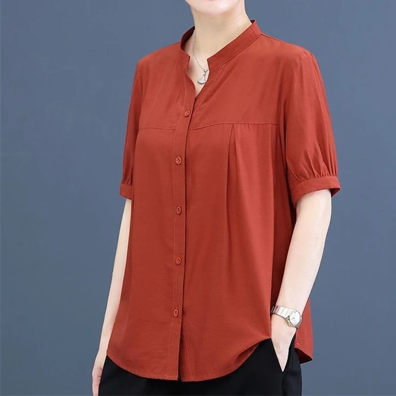 Women Summer Style Casual Oversize5XL Blouse Shirts Office Lady Elegant Short Sleeve Stand Collar Loose Blusas Solid Color Tops