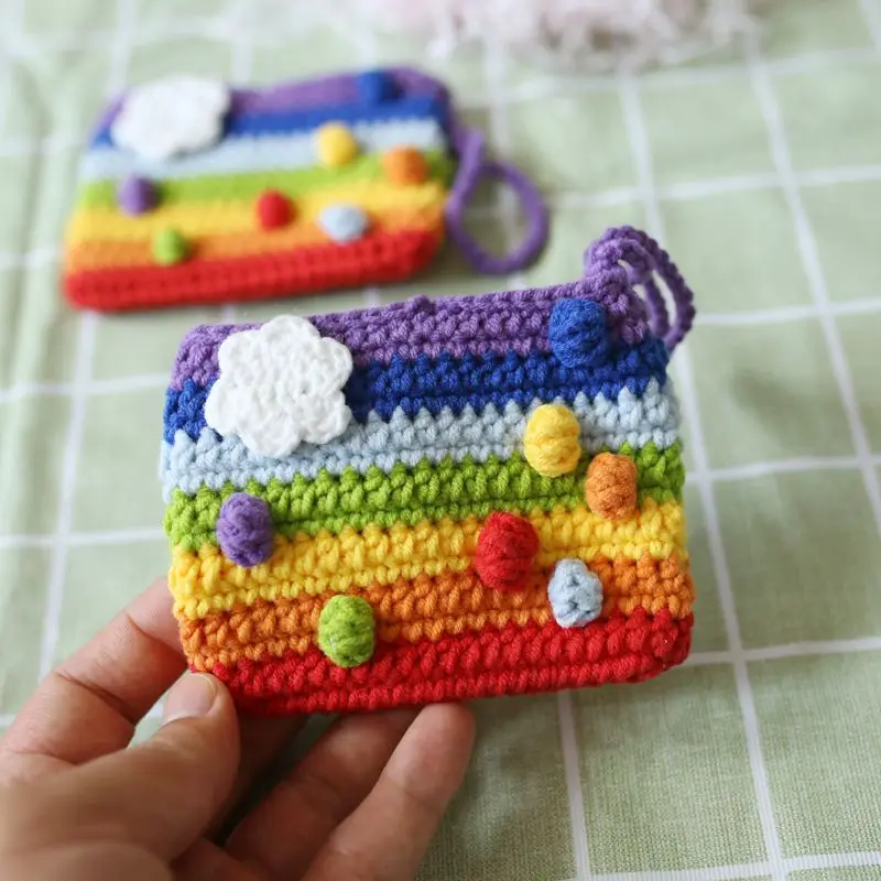 Cute Rainbow Color Small Bag For Card Holder Keychain Handmaking Crochet Orange Earphone Storage Bag Keyrings Creative Gifts