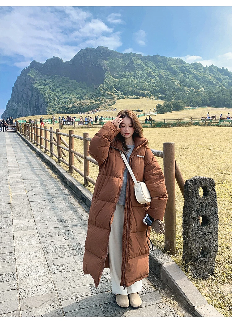 معطف منتفخ بني بطول الركبة للنساء شتوي كبير الحجم سميك بياقة واقفة سترة قطن كورية طويلة سترات خبز دافئة #6