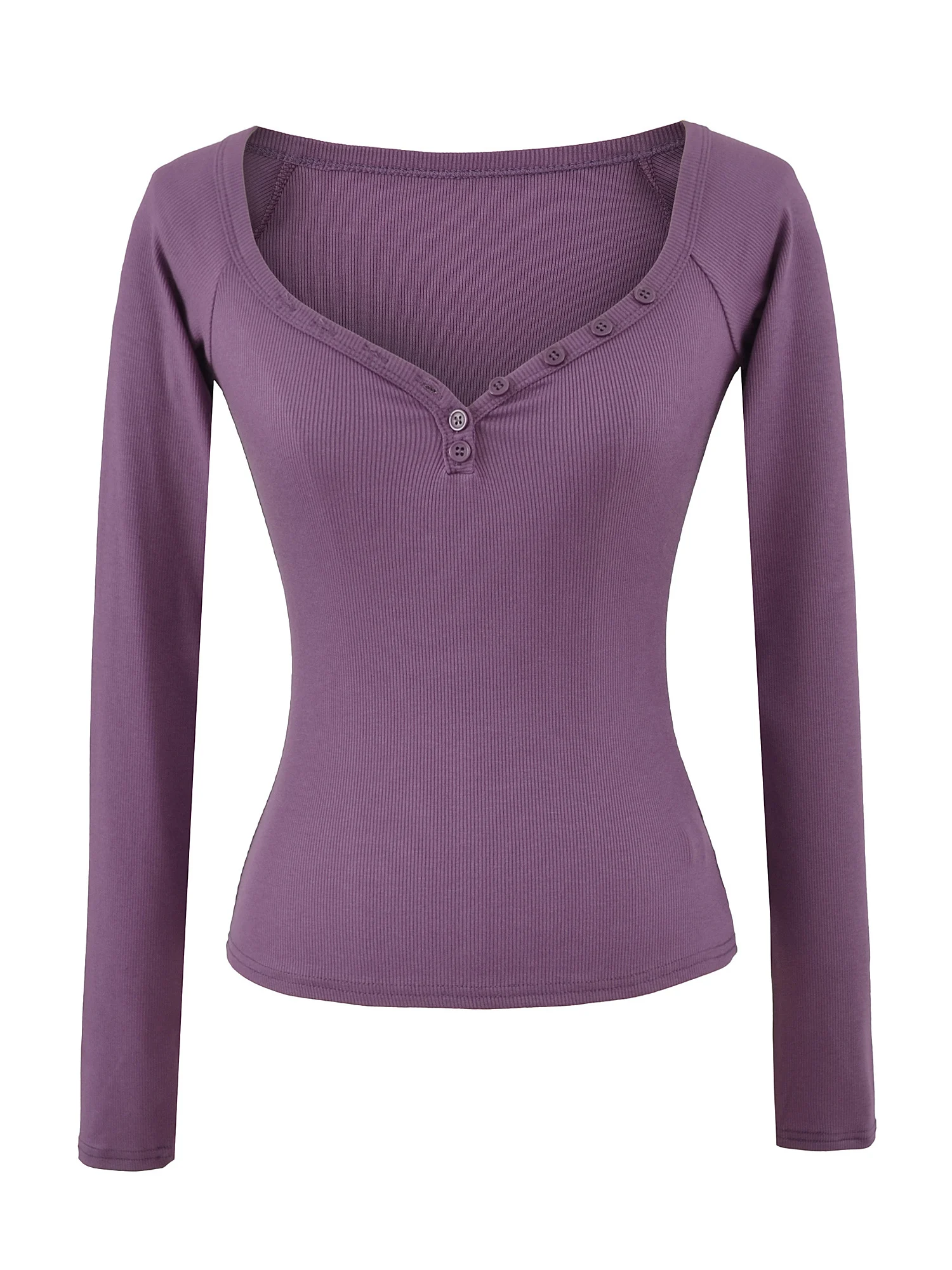 

Pure Desire Sexy Long Sve Heart Collar Button Women's T-irt Slimming Base Layer irt Top Cotton Stretch Fabric V-ne