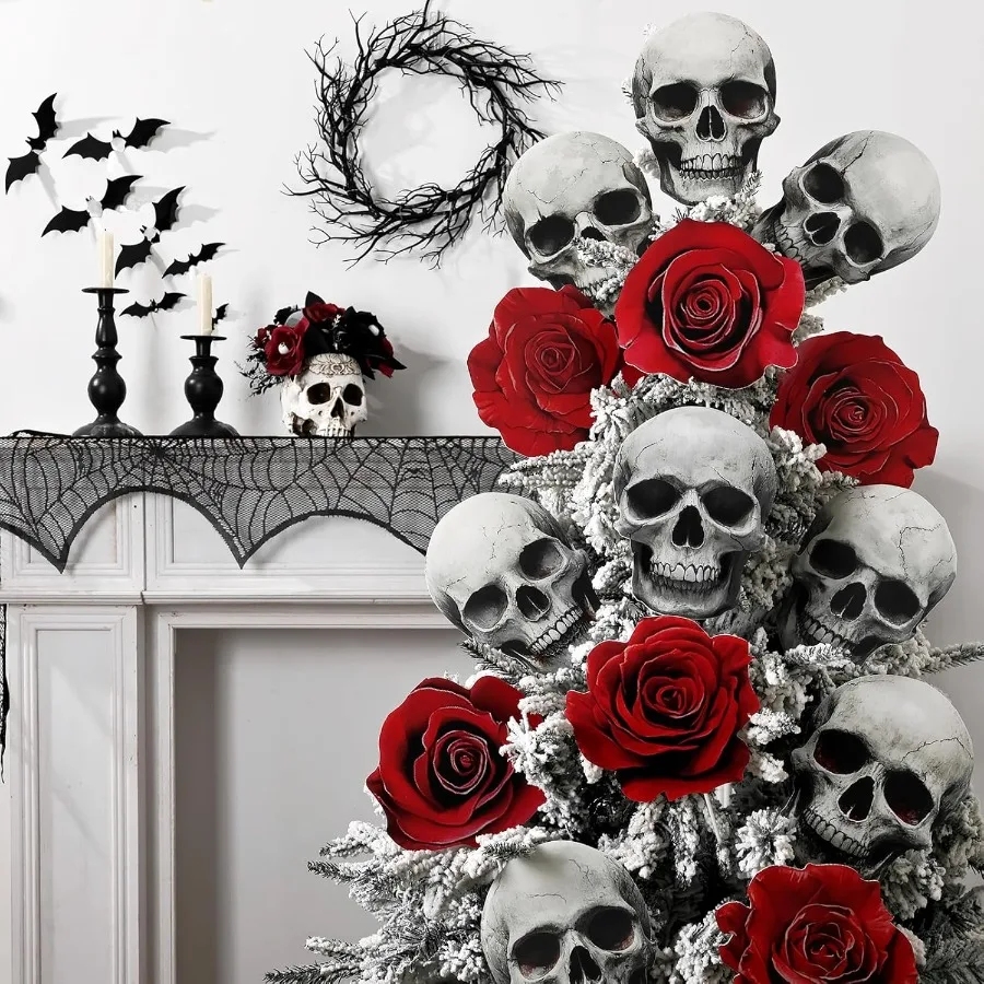 تايون الهالوين في الأماكن المغلقة: 14 قطعة جمجمة مخيفة كبيرة شجرة ورد حمراء داكنة يختار مخيف واقعي هيكل عظمي للهالوين زينة زهور لـ