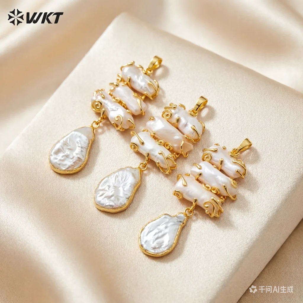 WT-JP353 WKT New Exclusive Design Gorgeous Freshwater Pearl Long Dangle Claw Setting White Pearl Pendants