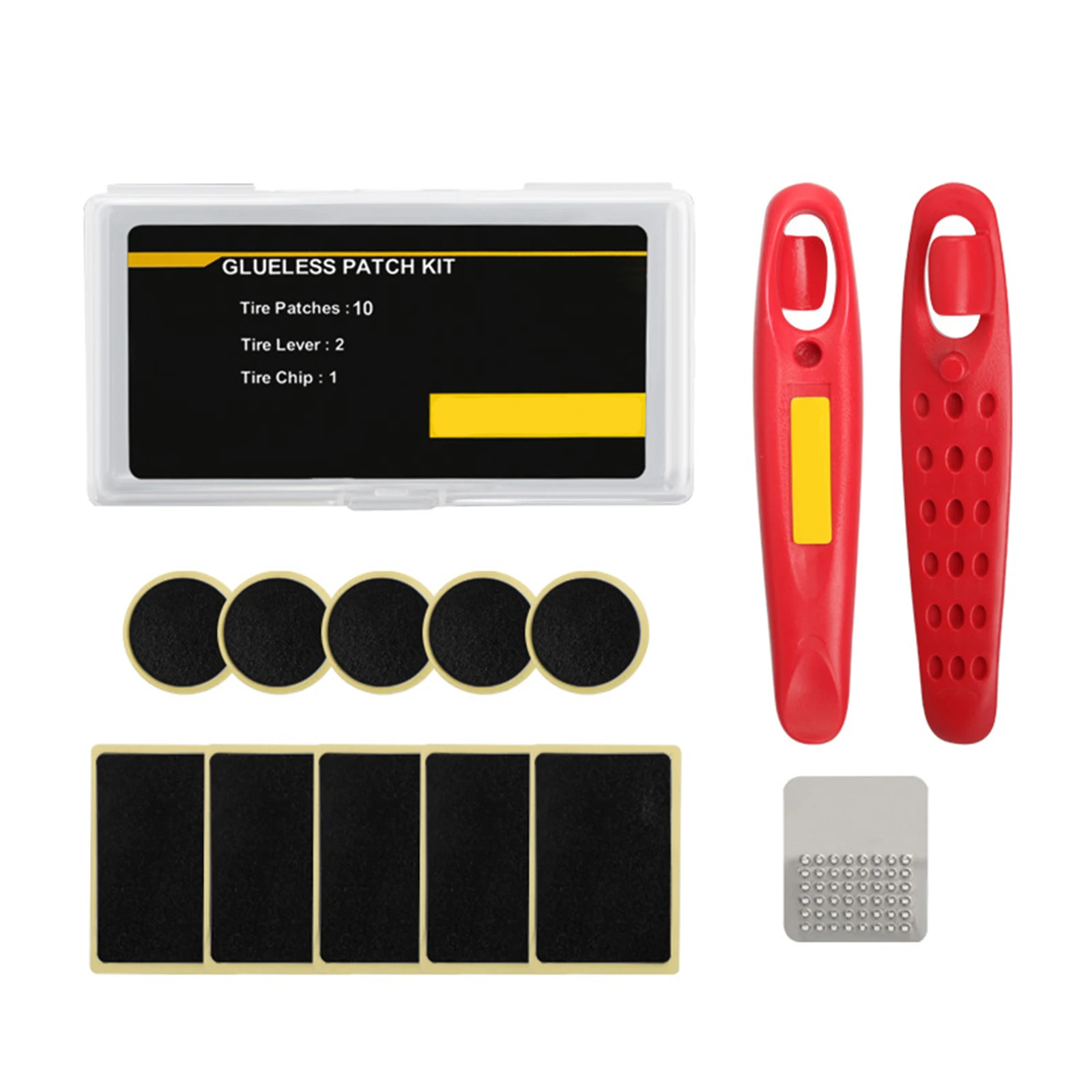 10-Piece Bike Tire Patch Kit with 2 Round and 8 Square Patches Plus 2 Glass Fiber Tire Levers for Fast Repairs