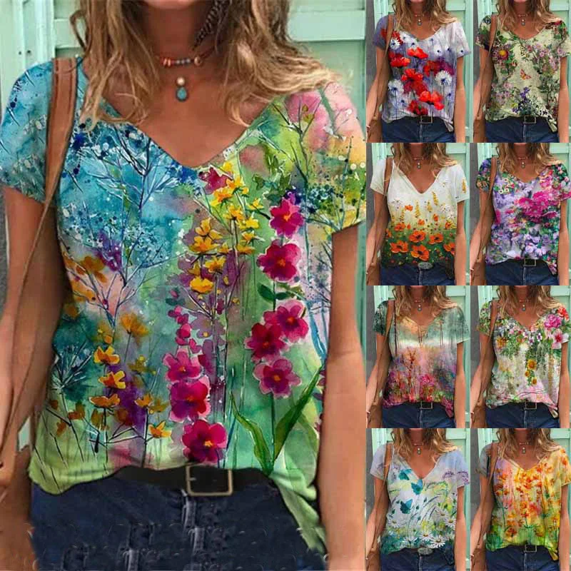 

New Women's Fashion V-neck Floral Print Street Short-sleeved Loose Women T-shirt Casual Commuter All-match Top Female &lady