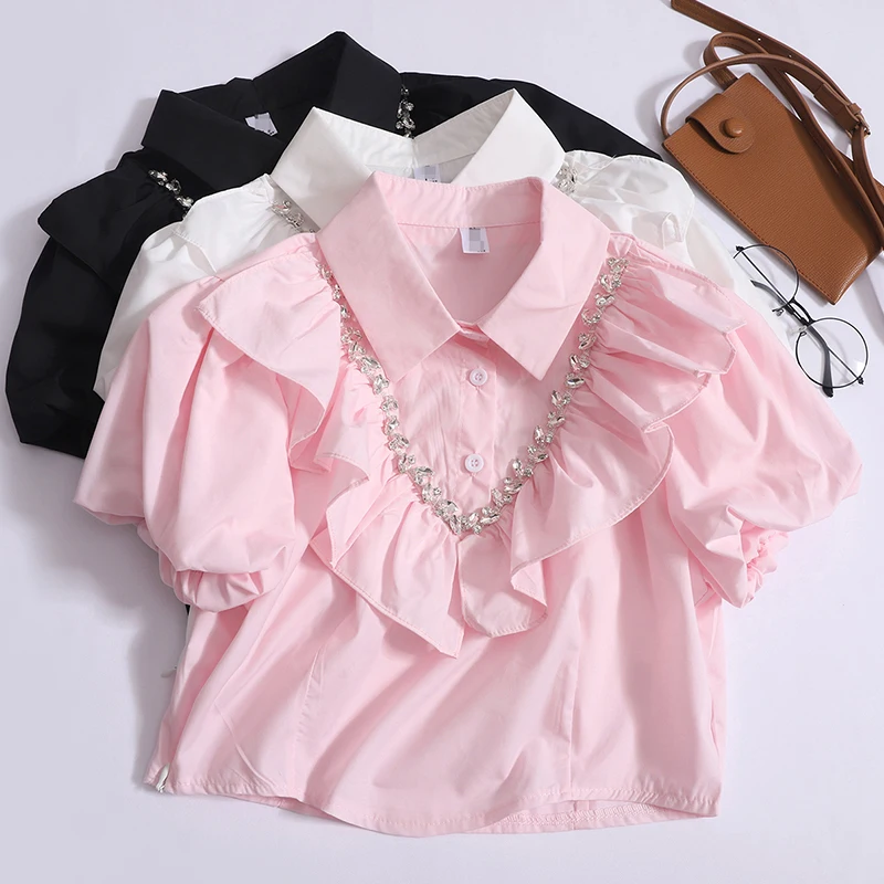 Crop Tops Summer Blouse Women Ruffles Puff Sleeve Tunic Fashion Shirts Chic Diamond Korean Vintage Blusas De Mujer