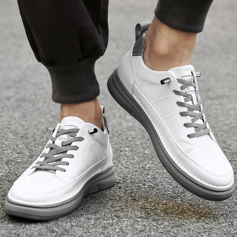 Elevator Shoes White Outdoor Sports Elevated Shoes Genuine Leather Lace-up Casual Shoes High-quality Inner Height 6cm Sneakers