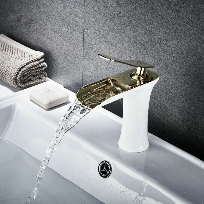 Bathroom Mixer Tap Brass Waterfall Sink Faucet Deck Mounted Single Handle Hot and Cold Water Basin Faucet White Black Gold