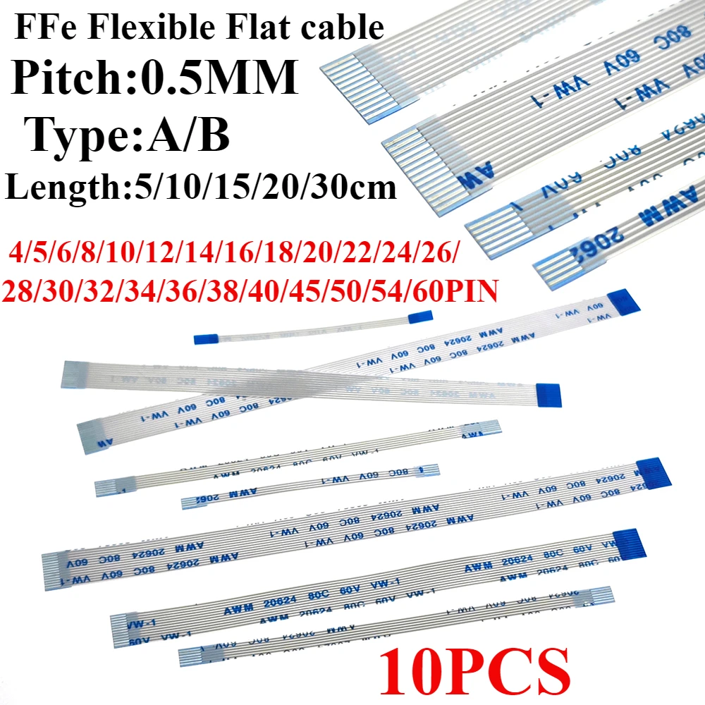 10pcs Ffc Fpc Awm 20624 80c 60v Vw-1 Flat Flexible Cable 0.5mm 4 5 6 8 10 12 14 16 18 20 24 26 30 32 34 36 38 40 45 50 54 60 Pin