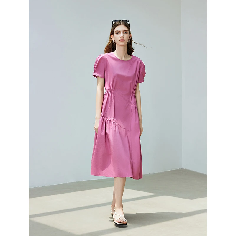 TOYOUTH Women Dress 2024 Summer New Split Spliced O Neck Short Sleeve Pink Mid Length Daily Party Dress