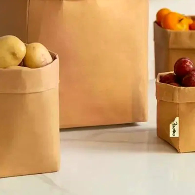 Simple Reusable Kraft Paper Bag Waterproof Thickened Square Packaging Bag Large Capacity Washable Storage Bag Home