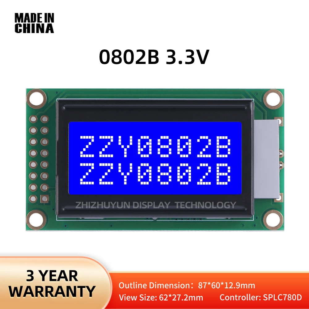 

Multiple Languages LCM0802 Controller SPLC780D 0802 Blue Film Display Module 16PIN Source Factory Home Appliances Pressure 3.3V