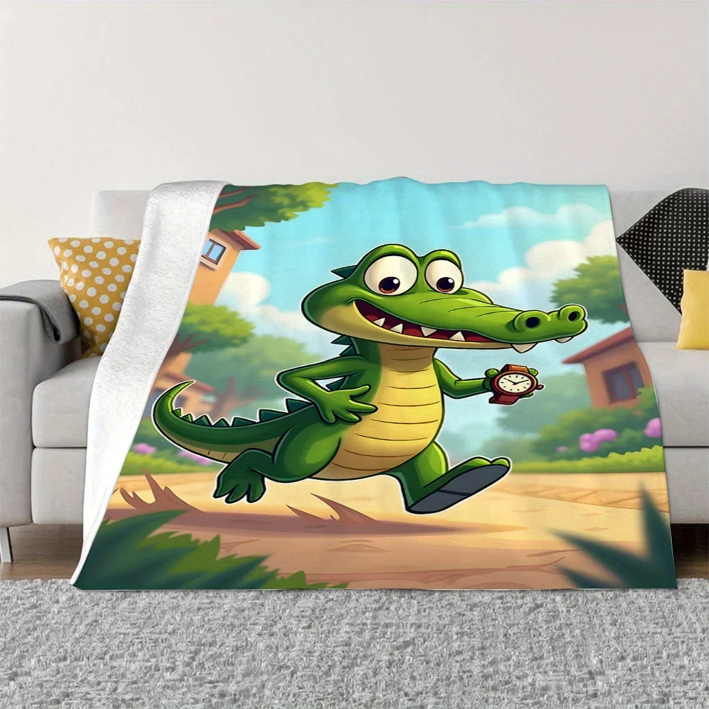 Contemporary Cartoon Crocodile Digital Print Flannel Blanket, Soft Cozy Throw for Nap, Travel, Sofa, Bed, Office, Home Decor, Al