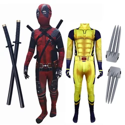 Deadpool vs Wolverine Boys Superhero Cosplay Spandex Suits with Accessories Swords Claws Children Birthday Gift Toy Role Play