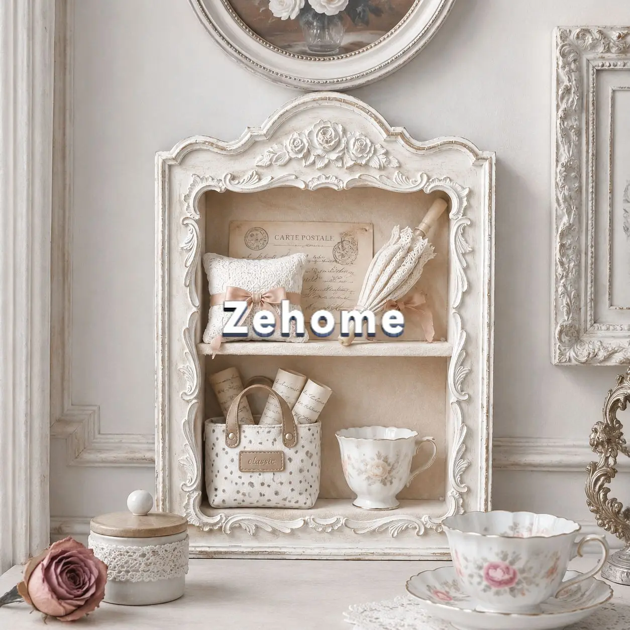 French retro white engraved shelf European resin relief multi-layer storage wall cabinet wall decoration