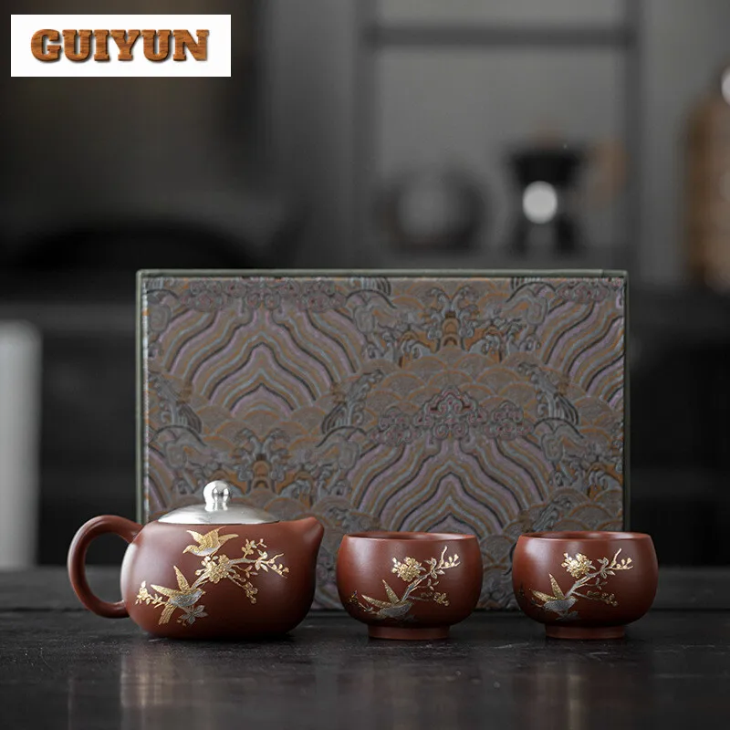 

Purple Clay Bird and Flower Xishi Teapot Set Complete Set Vintage Tea Ceremony Set 1 Pot 2 Cups Chinese Zisha Tea Craft Gift Box