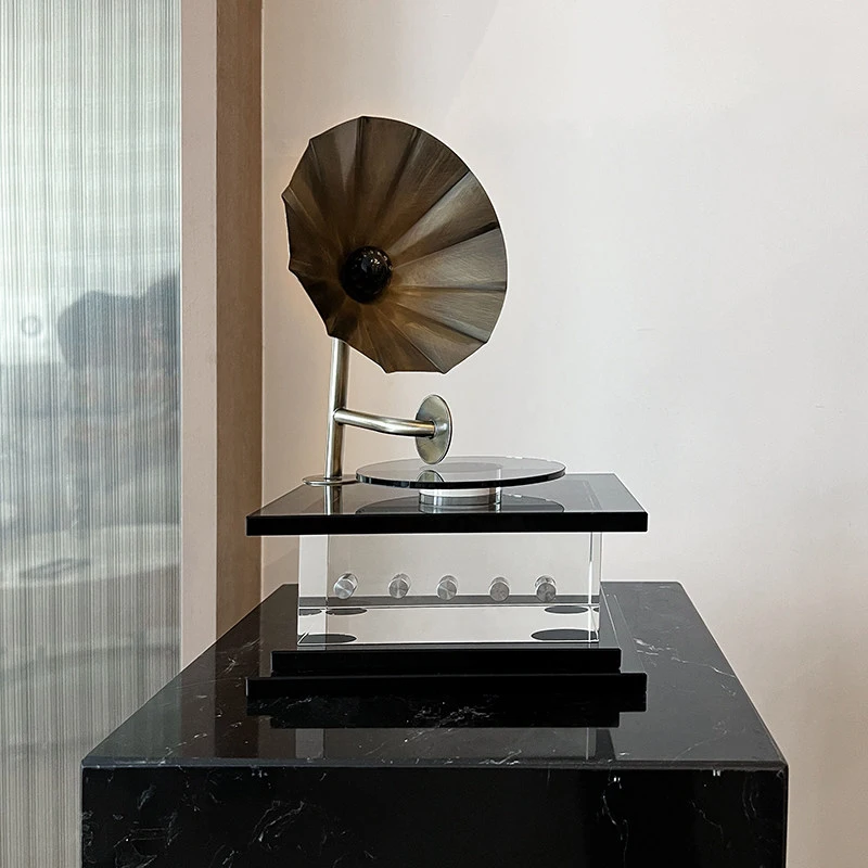 Luxury Crystal Retro Phonograph Model Ornament,Living Room Creative CD Player Decoration For Office