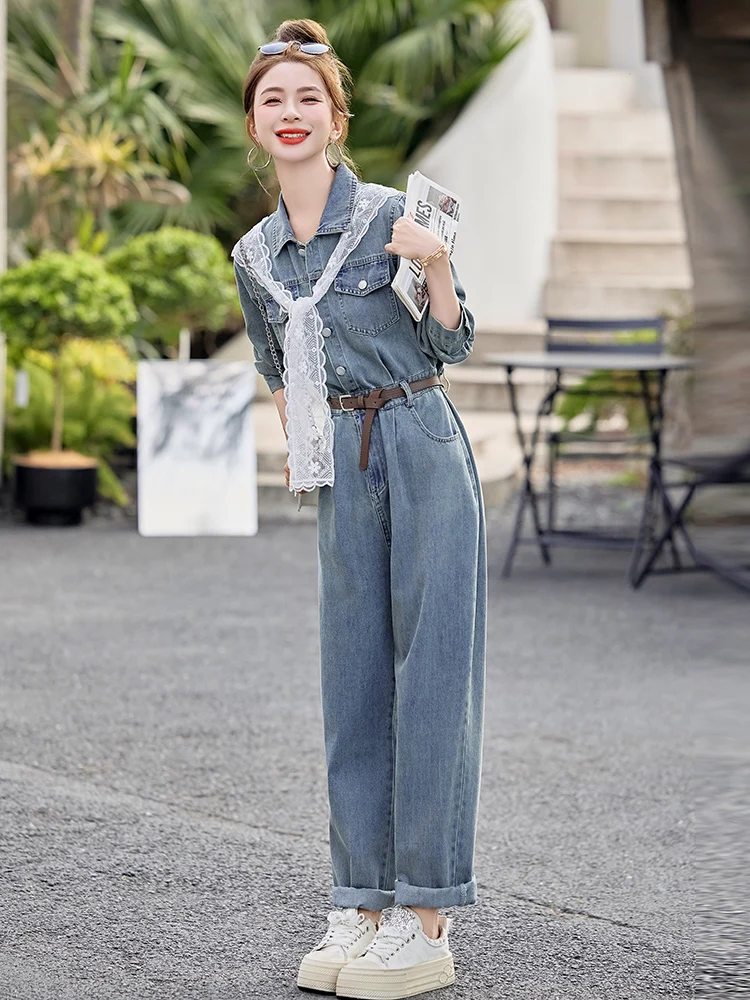 

Sli Lace oulder Denim Jumpsuit Women's Spring Autumn Slimming Commute Sle Korean Straight Leg Pants Long Jumpsuit