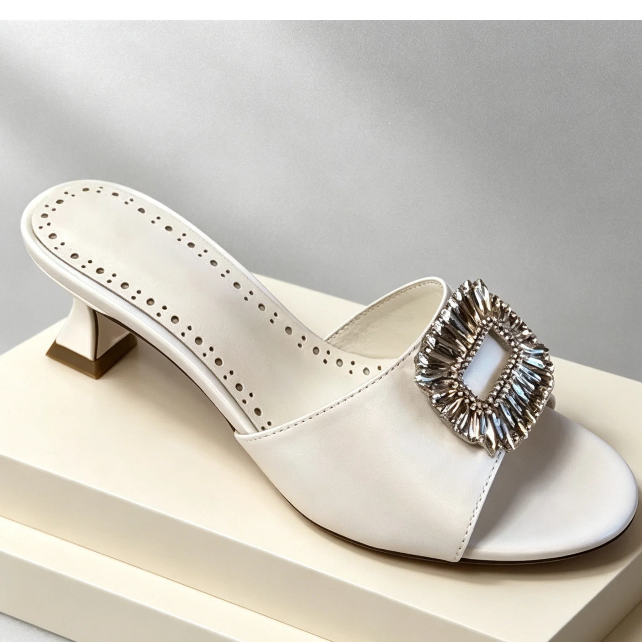 Crystal Buckle Women Kitten High Thin Heel Mules Pumps Sandals Open Toe Casual Slippers Summer Daily Party Elegant Luxury Shoes