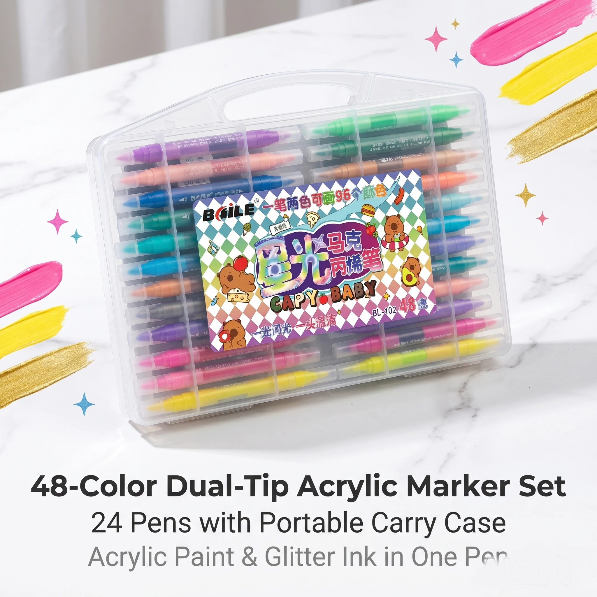

96 Colors Dual Nib Acrylic & Glitter Paint Markers Waterproof Art Marker Set for Kids Journaling Rock Painting Glass Wood Canvas