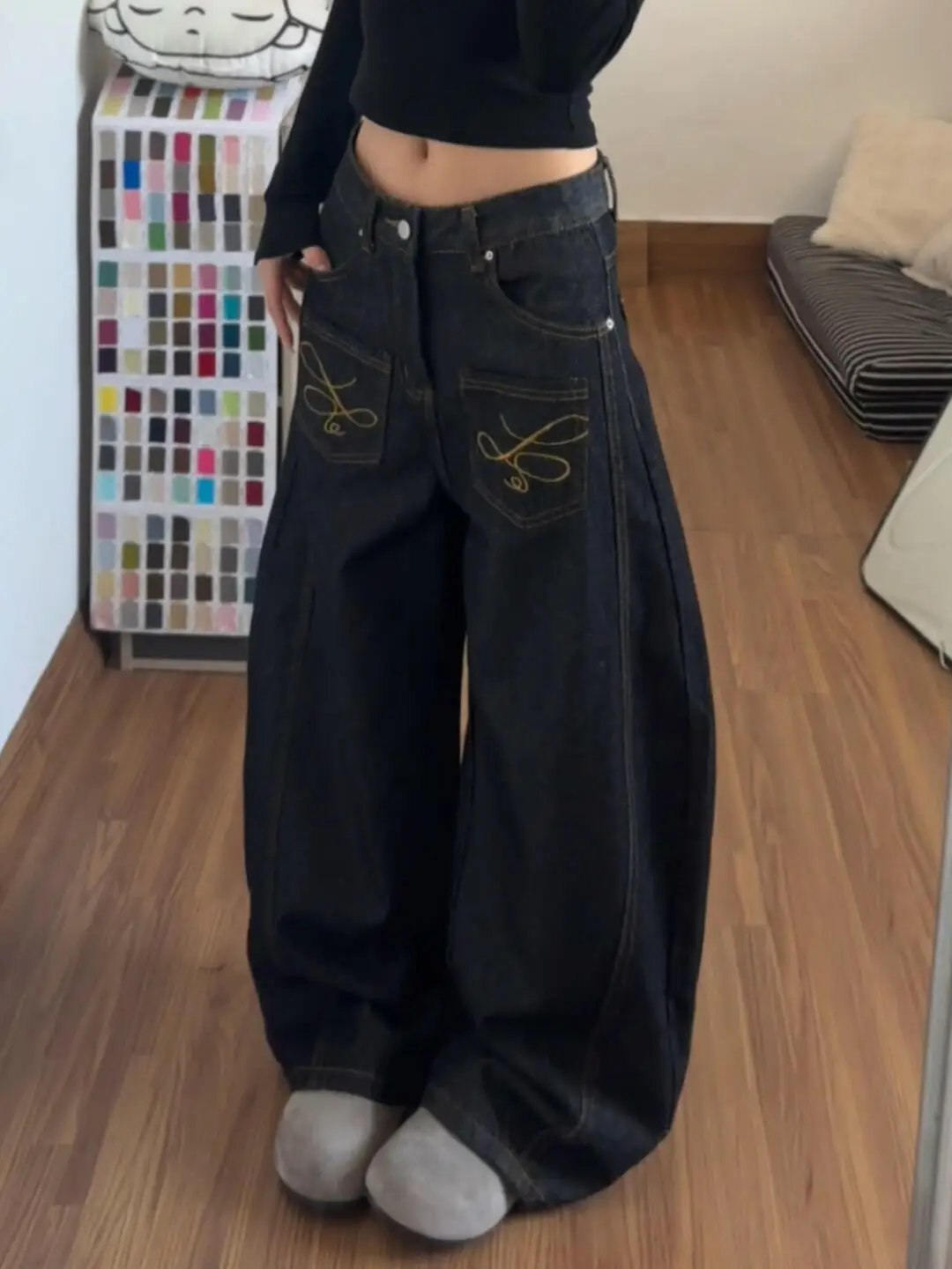 American Retro Embroidered Wide Leg Jeans Women's Spring Loose Slimming High Waist Knife Denim Pants Casual Fashion