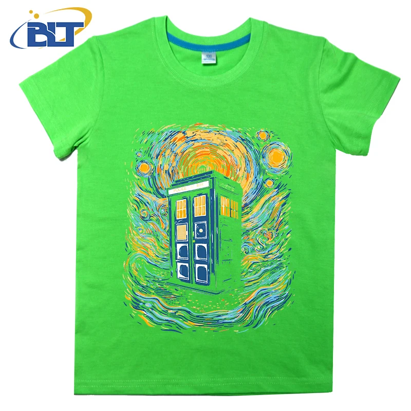 Starry blue box printed kids T-shirt, summer cotton short-sleeved casual top, suitable for both boys and girls