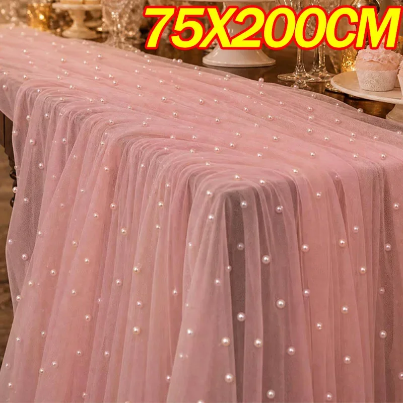75x200cm Beaded Pearl Gauze Table Flag Net Background for Wedding Banquet Birthday Party Home Dining Table Supply Table Flag
