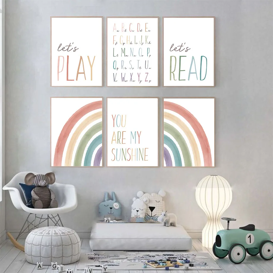 Boho Rainbow Sunshine Alphabet Posters And Prints Nursery Quotes Canvas Painting Wall Art Pictures Kids Room Home Decor