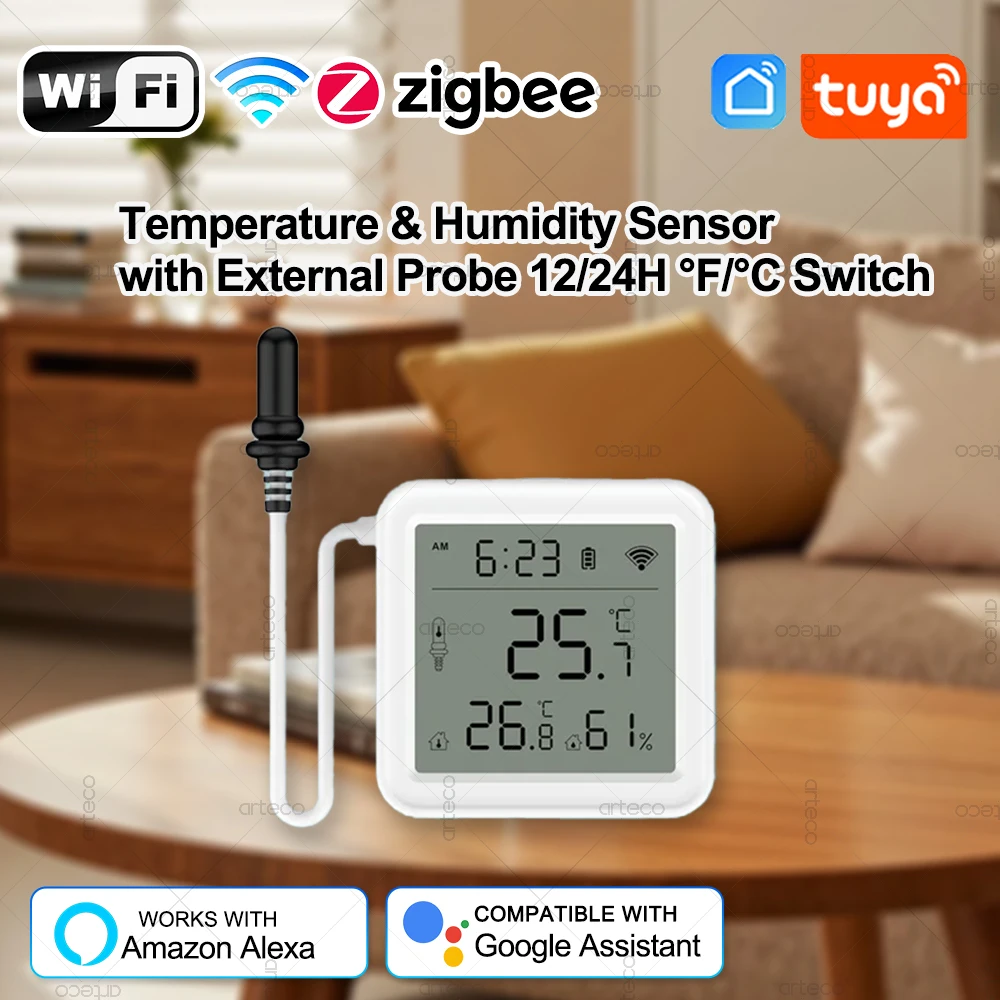 Tuya WiFi Zigbee Temperature Humidity Sensor With External Probe Digital LCD Screen Thermohygrometer,Voice Via Alexa Google Home