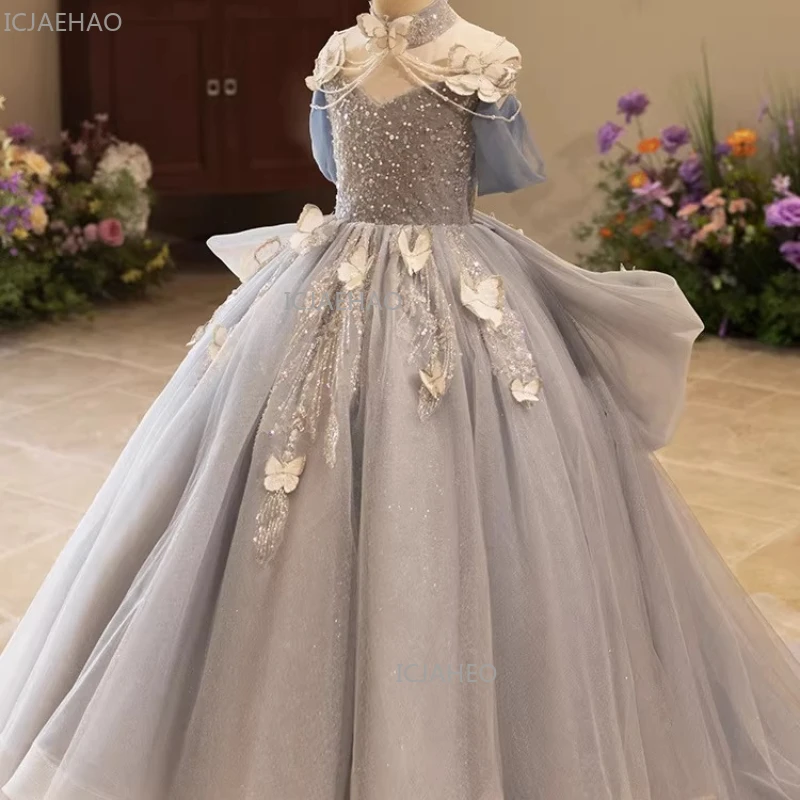 Girls Birthday Princess Dress with Train Tulle Puffy Gown Pageant Performance Flower Girl Party Occasion Outfit Piano Recital