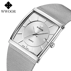 WWOOR-Montres-bracelets à quartz en acier inoxydable pour hommes, calendrier Shoous, affaires de luxe, nouvelle mode