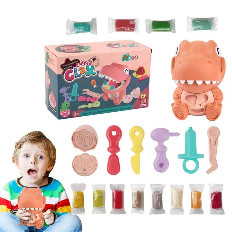 Ensemble de pâte à spoer pour enfants, jeu de simulation, perceuse et remplissage, dinosaure, médecin, dentiste