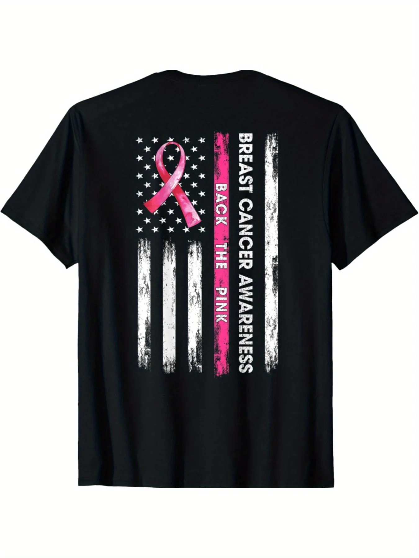 

Breast Cancer Awareness T-Shirt - Back The Pink Ribbon American Flag Graphic, Unisex Tee