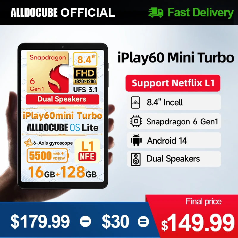 Alldocube iPlay60 미니 터보 8.4 인치, 스냅드래곤 6Gen 1 태블릿, 안드로이드 14, 8GB + 8GB 가상 메모리 RAM + 128GB ROM, Widevine L1 