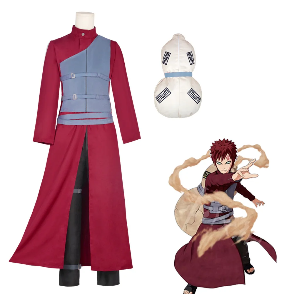 

Men's Red Gray Ninja Cosplay Costume with Gourd Accessory, Long Coat Outfit for Halloween Carnival Party