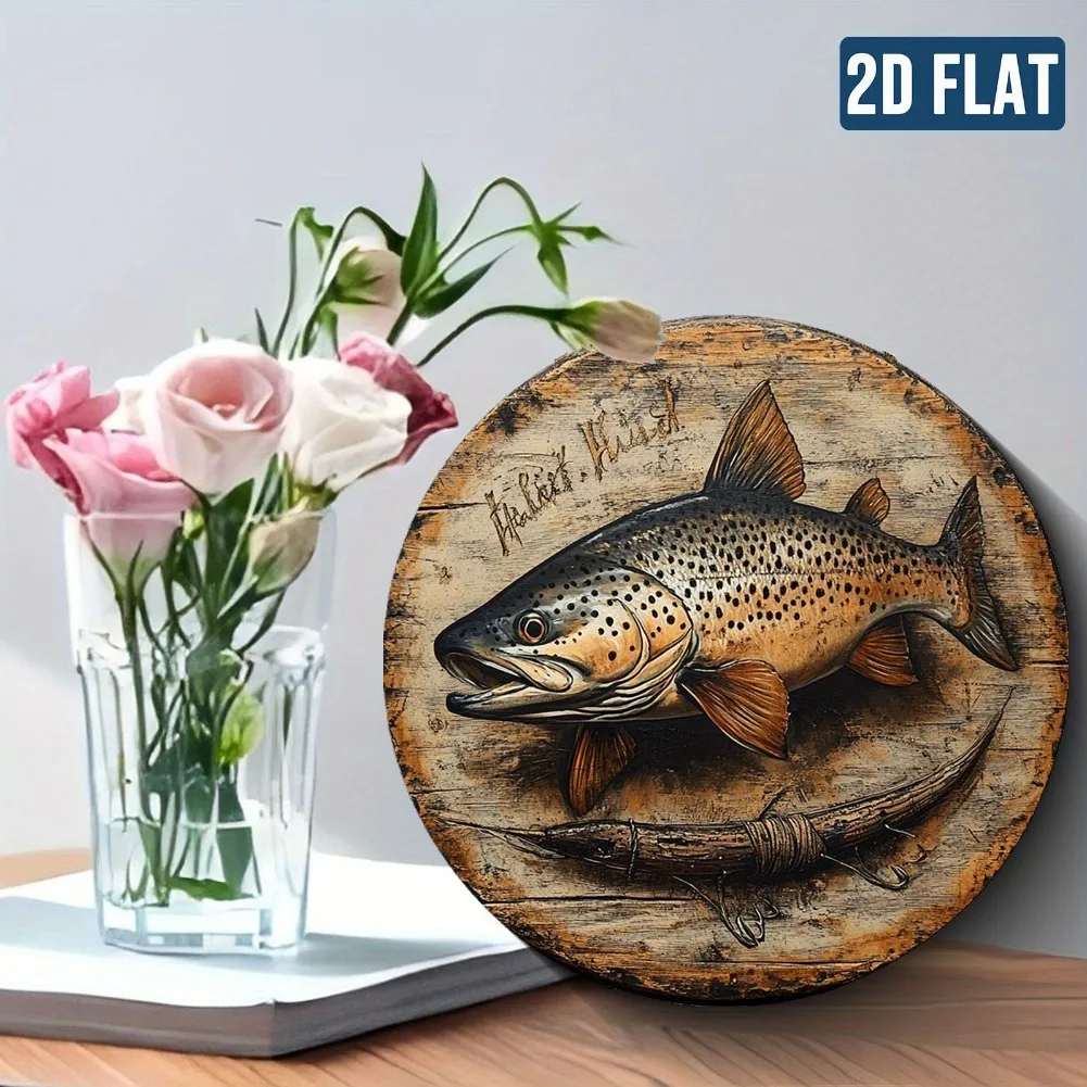 ديكور حائط معدني مسطح ثنائي الأبعاد لصيد الأسماك - فن سمك السلمون المرقط البني - لافتة ألومنيوم مقاومة للماء والغبار - سهلة التعليق